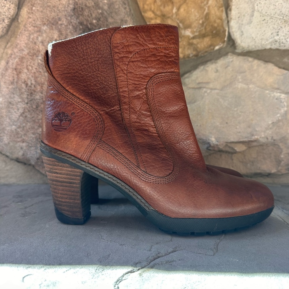 Timberland Womens Stratham Ankle Boots Block Heel Brown Leather Lug Sole